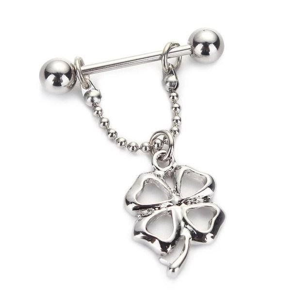 Wholesale 14G Stainless Steel Geometrical Four Leaf Clover Pendant Nipple Ring Bead Chain Vintage Body Piercing Jewelry for