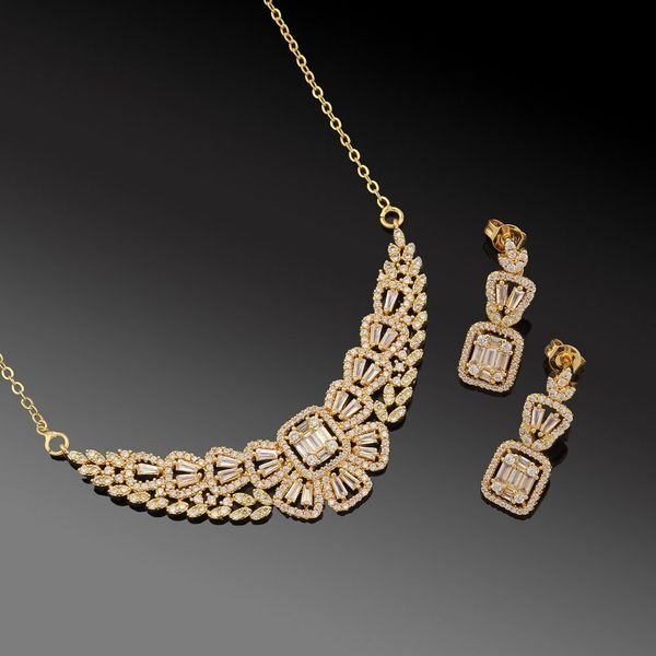 Fashion High Quality Gold-plated Silver Plated square Zircon Necklace Earrings Jewelry Set for Women