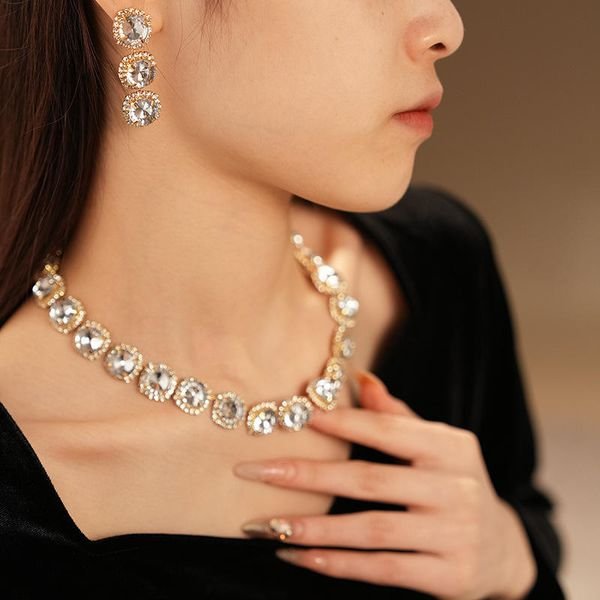 Vintage Fashion Cubic Zirconia Delicate Multi-layer Rhinestone Crystal Necklace Earring Necklace Set For Women