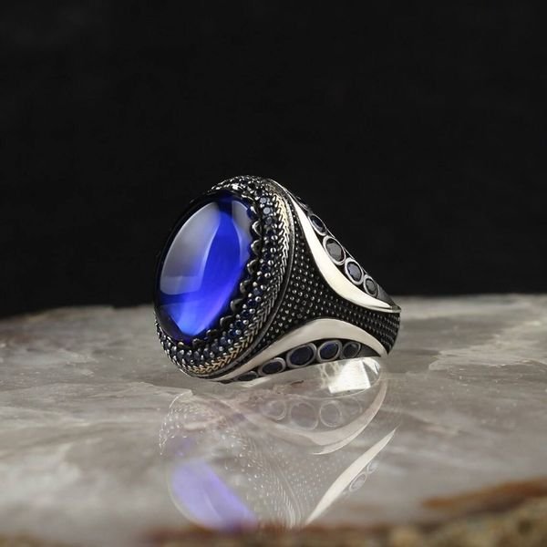Vintage Silver Plated Ring Men With Dark Blue Lapis Lazuli Thai Silver Ring With Black Men Turkish Jewelry