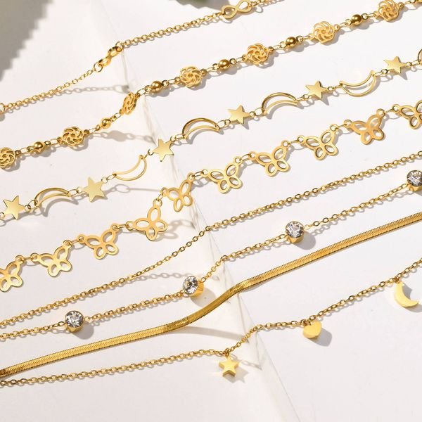 Gold Anklets For Women 2024 Stainless Steel Star Moon Barefoot Anklets Accessory Butterfly Wholesale