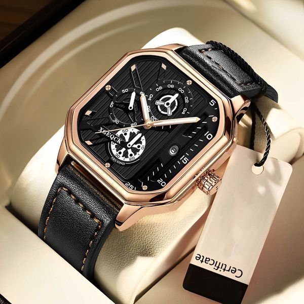 Top Brand Men's Watch with Leather Belt Casual Square Big Dial Black Sport Wristwatch Luxury Waterproof Luminous Watches