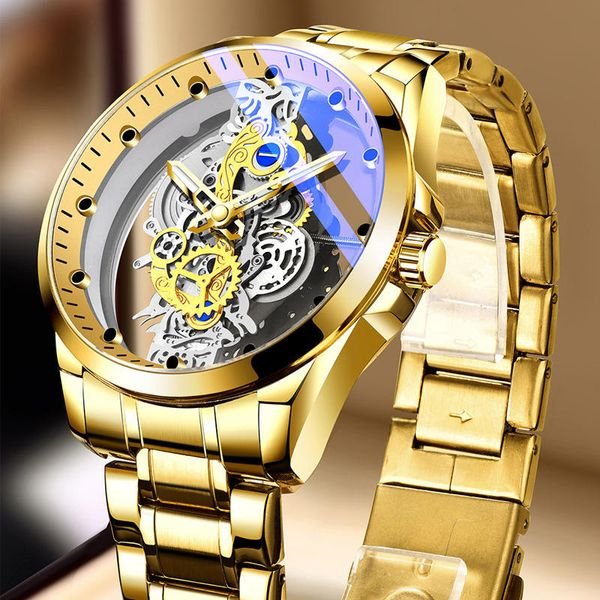 Hot Custom Wholesale Men Gold Skeleton Design Quartz Wrist Watches Luxury Manufacturer Reloj Hombre