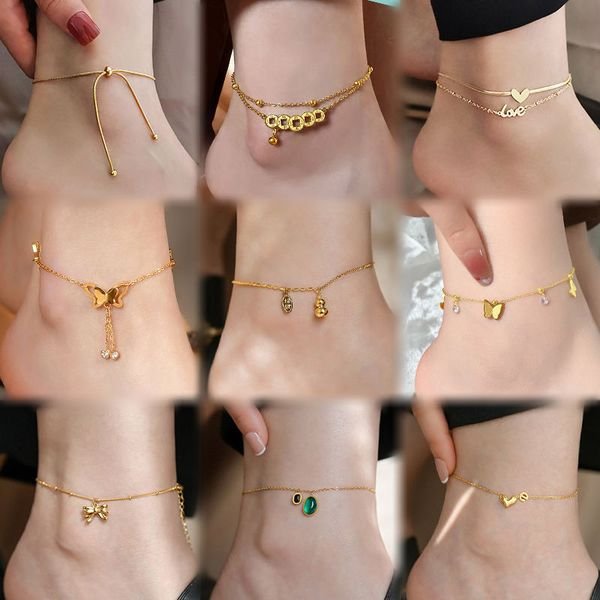 Finetoo Stainless Steel Butterfly Heart Bow Anklets Bracelet Fashion Gold Anklet Bracelet for Women Summer Foot Jewelry