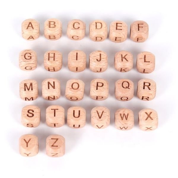 Custom 10mm 12mm Laser Engraved Dice Wood Color Beech Square Cube Wooden English Alphabet Letter Beads with Hole