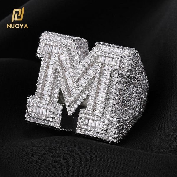 NUOYA Custom Shiny Diamond Jewelry Initial Letter Micro Pave Baguette Zircon White Gold Plated Iced Out 26 Letters Hip Hop Ring