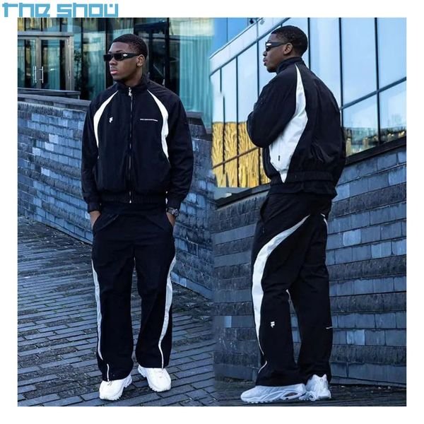 Men Jogger Sets Two Piece Set Patchwork Zip up Puff Track Nylon Jacket and Track Pants Custom Nylon Tracksuit Men