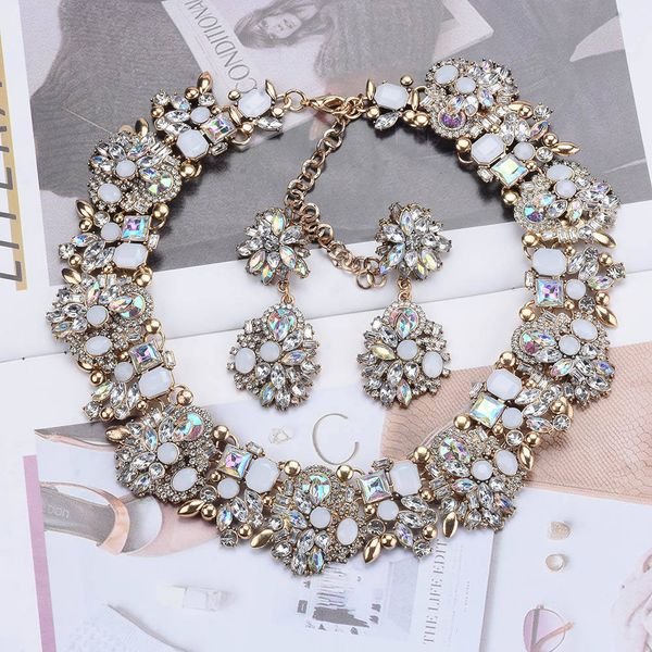 Statement Necklace for Women Chunky Choker Necklace and Earrings Set Vintage Rhinestone Statement Necklace Fashion Costume Set