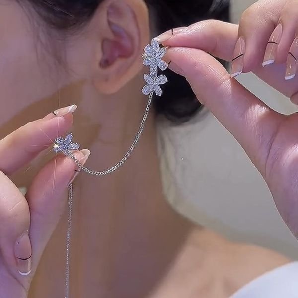Wholesale Long Flower Threader Earrings Non Pierced Earrings Cuffs Korean Shiny Silver Zircon Flower Ear Cuff Earrings Women