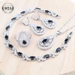 Luxury Black Cubic Zircon 925 Silver Bridal Jewelry Sets for Women Wedding Costume Earrings Ring Bracelet Pendant Necklace Set