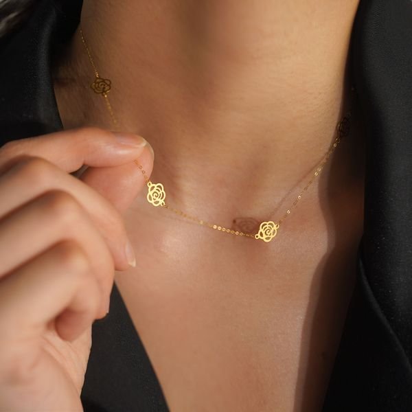 PCX Jewelry 18K Solid Gold Necklace Rose Choker Hollow Flower Necklace Cuban Link Chain Necklace
