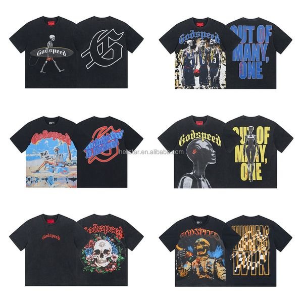 Godspeed Men's Short Sleeve Vintage Printed T-Shirt 100% Cotton Street Wear Oversized Drop Shoulder Original Quality Hip Hop