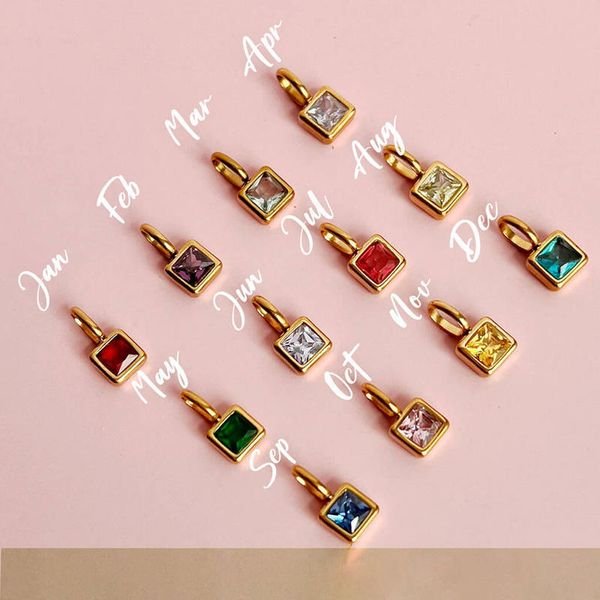 Fine Gold Plated Stainless Steel 12 Month Birthstone Charms Pendants Square Zircon Accessories for DIY Jewelry Making