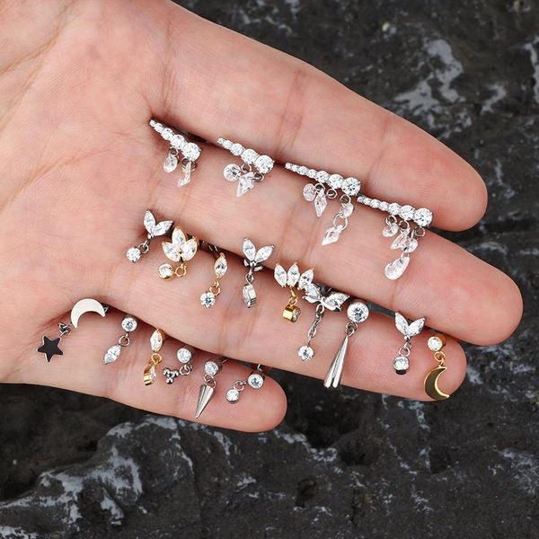 Factory Newest Fashion Wholesale Titanium Body Piercing Jewelry 16G Internal Thread Labret Pendant Lobe Ear Ring Helix Earring