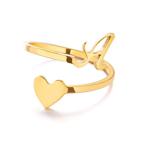 Rinhoo Stainless Steel Heart Letter Rings for Women Girls Fashion Jewelry Gold Open Initials Ring Birthday Wedding Party