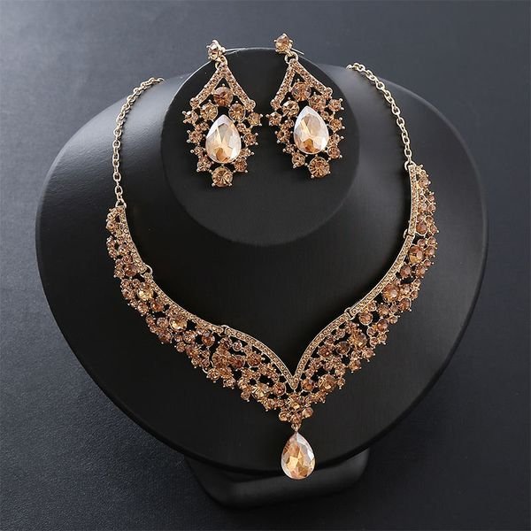 Wholesale Gold Plated Luxury Bridal Jewelry Set Creative Necklace and Earrings with Crystal and Zircon for Weddings Parties