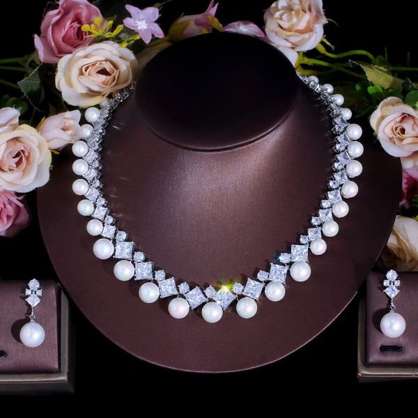 High Quality Cubic Zircon Statement Necklace and Earrings Bridal Imitation Big Pearl Jewelry Set for Women Wedding Accessories