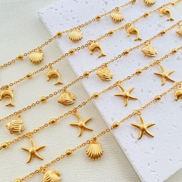 HOVANCI Fashion Jewelry Anklets Stainless Steel Gold Starfish Dolphin Scallop Tropical Fish Pendant Anklets Women