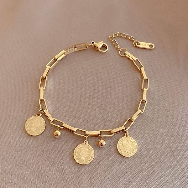 14K Gold Ladies Bracelets with Round Card Charm Pendant Fine Jewelry Hip-Hop Style Best Friends Bracelets Stainless Steel